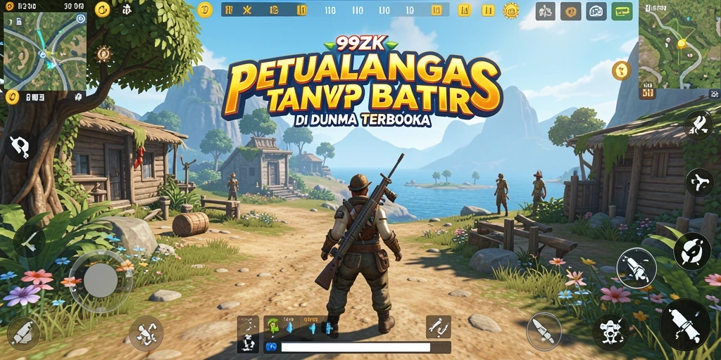 Screenshot menampilkan pemain menjelajahi dunia terbuka yang luas.