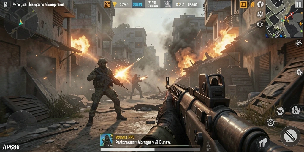 Screenshot utama gameplay AP686 menampilkan aksi tembak-tembakan yang intens.