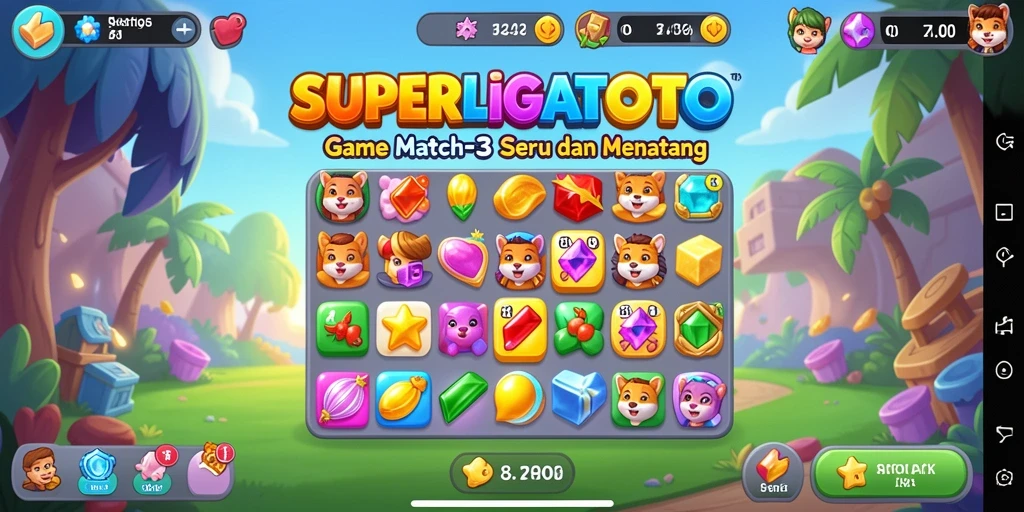 Screenshot utama SUPERLIGATOTO menunjukkan gameplay Match-3 yang seru dan berwarna.